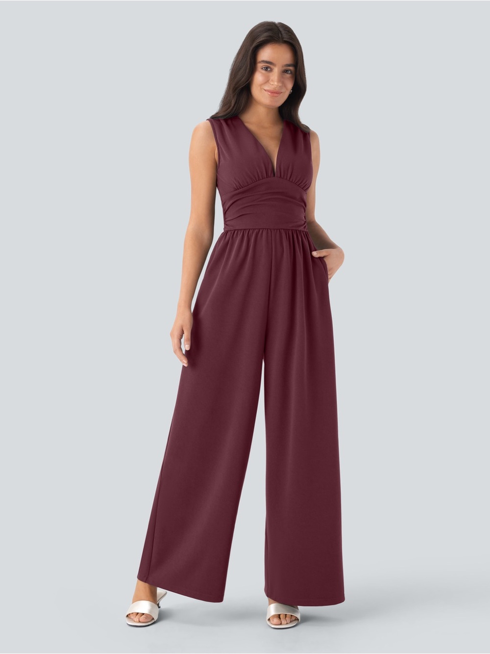 HALARA Sleeveless V-Neck Wide-Leg Jumpsuit in Burgundy
